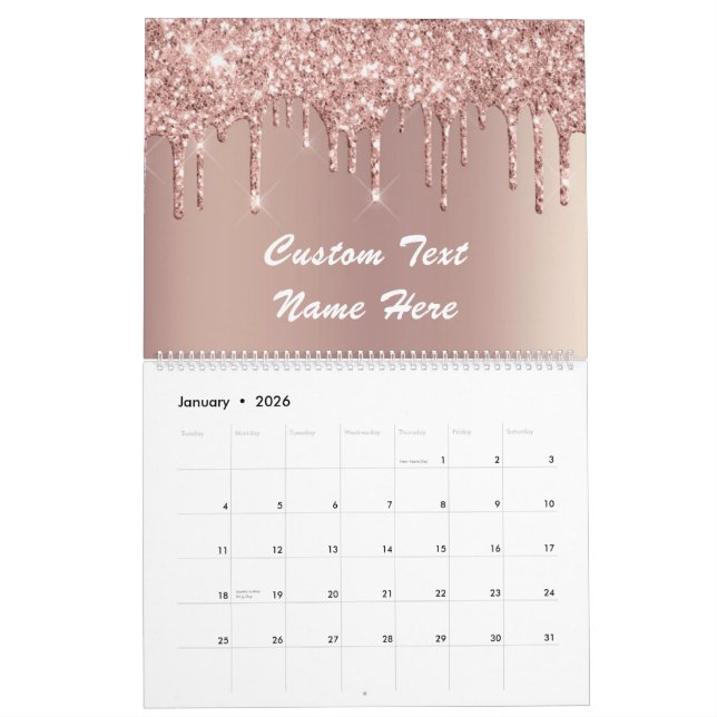Rose Gold Glitter Custom Text Name Calendar Gift (Jan 2026)