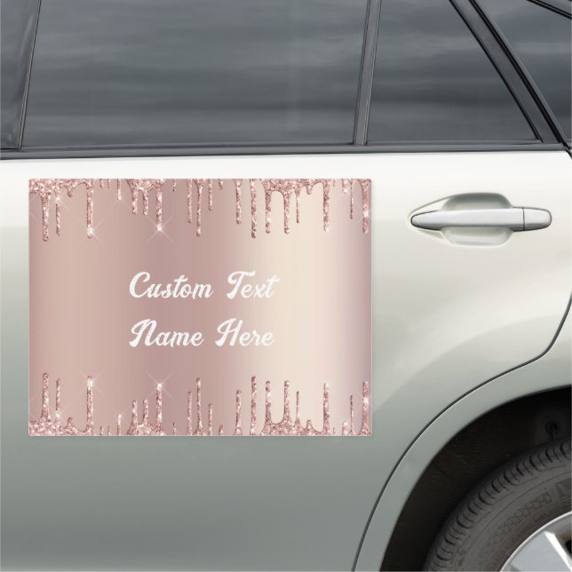 Rose Gold Glitter Custom Text Name Car Magnet (In Situ)