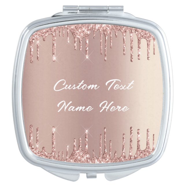 Rose Gold Glitter Custom Text Name Compact Mirror (Front)