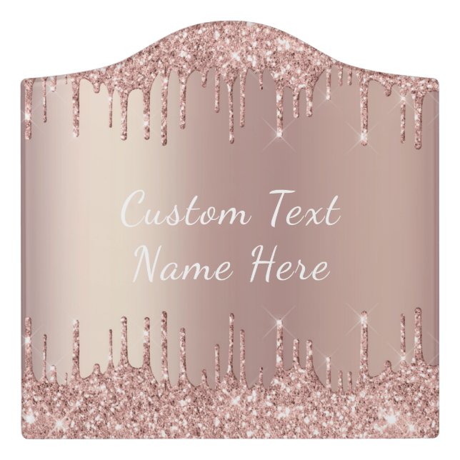 Rose Gold Glitter Custom Text Name Door Sign (Large Crest Front)