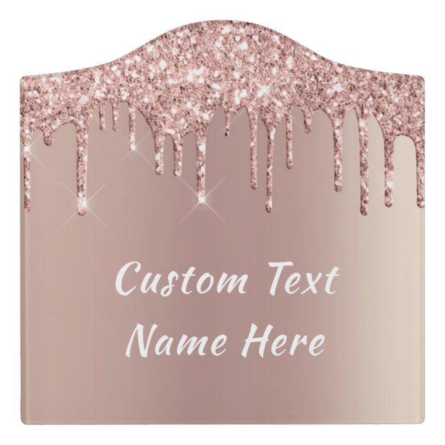 Rose Gold Glitter Custom Text Name Door Sign (Large Crest Front)