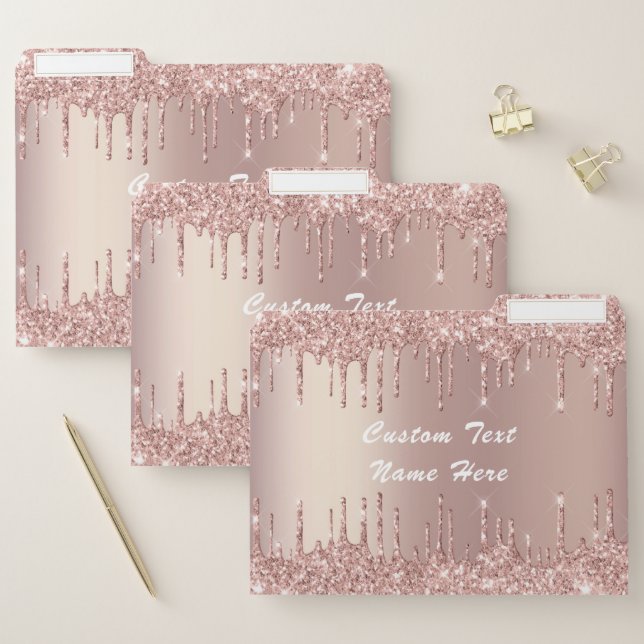 Rose Gold Glitter Custom Text Name File Folder (Set)