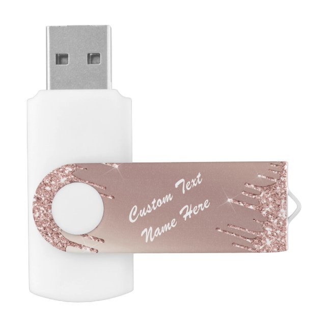 Rose Gold Glitter Custom Text Name Flash Drive (Opened)