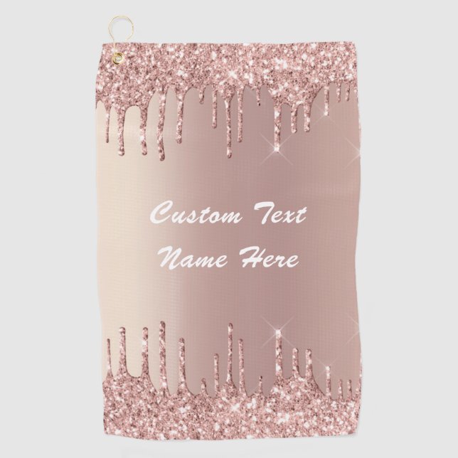 Rose Gold Glitter Custom Text Name Golf Towel (Front)