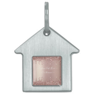 Rose Gold Glitter Custom Text Name Pet ID Tag