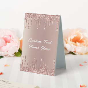 Rose Gold Glitter Custom Text Name Table Tent Sign
