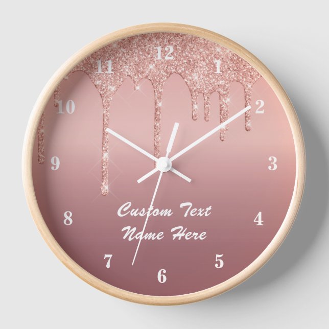 Rose Gold Glitter Custom Text Wall Clock Gift (Front)