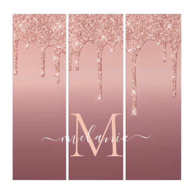 Rose Gold Glitter Custom Your Letter Name Triptych (Front)