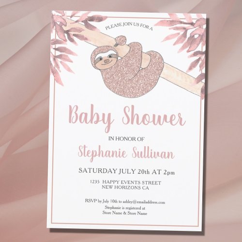 Rose Gold Glitter Cute Baby Girl Sloth Baby Shower Invitation