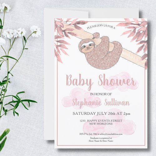 Rose Gold Glitter Cute Baby Girl Sloth Baby Shower Invitation