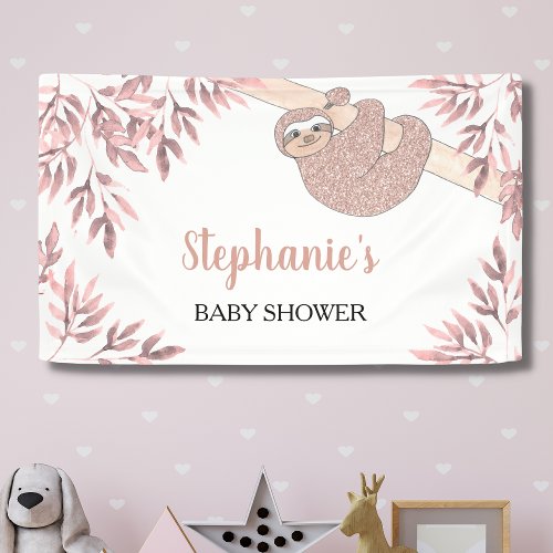 Rose Gold Glitter Cute Girl Sloth Baby Shower Banner