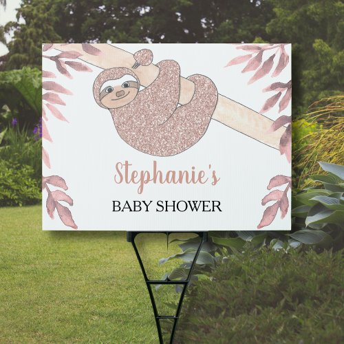 Rose Gold Glitter Cute Girl Sloth Baby Shower Yard Sign