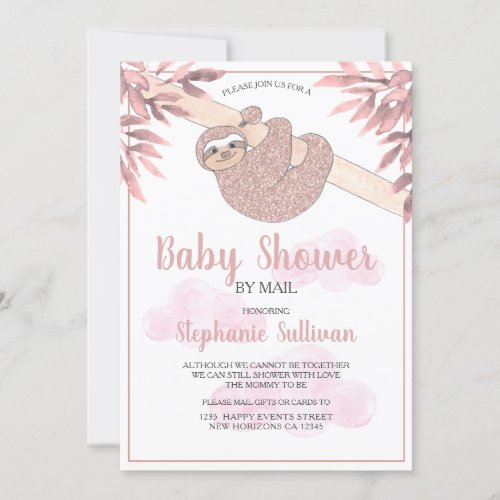 Rose Gold Glitter Cute Sloth Baby Shower By Mail Invitation