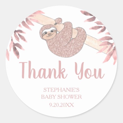 Rose Gold Glitter Cute Sloth Baby Shower Sticker