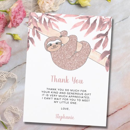 Rose Gold Glitter Cute Sloth Baby Shower Thank You Postcard
