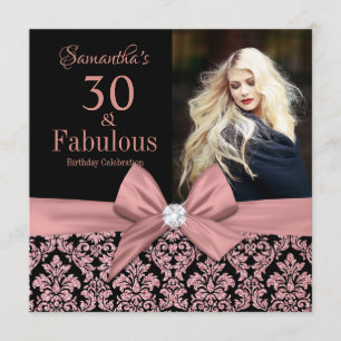 Rose gold glitter damask 30th Birthday Invitation