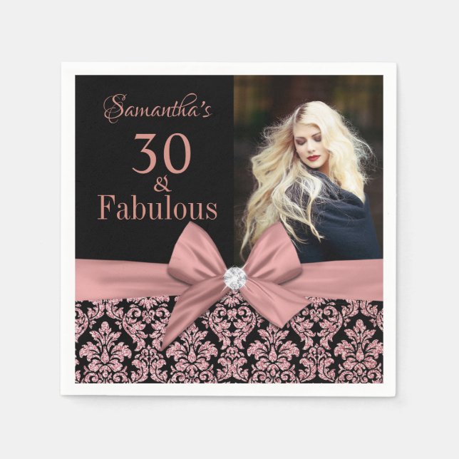 Rose gold glitter damask 30th Birthday photo Napkins (Front)