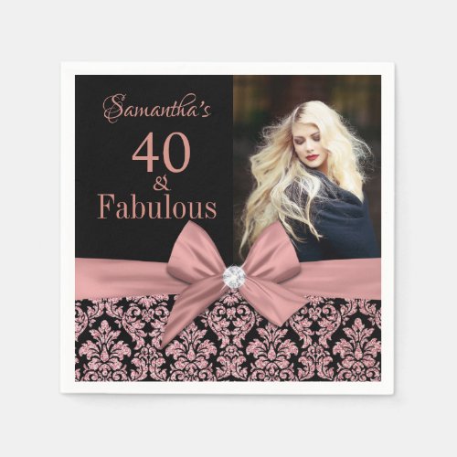 Rose gold glitter damask 40th Birthday photo Napkins