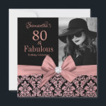 Rose gold glitter damask 80th Birthday Invitation<br><div class="desc">Rose gold glitter black damask | 80th Birthday Invitations. Eighty and Fabulous! A beautiful modern elegant pink rose gold glitter floral damask 80th Birthday Party Invitations you can personalize and send out your eightieth birthday party celebration. At the center pretty pink bow. Replace the sample photo with your own. The...</div>