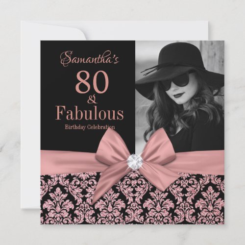 Rose gold glitter damask 80th Birthday Invitation