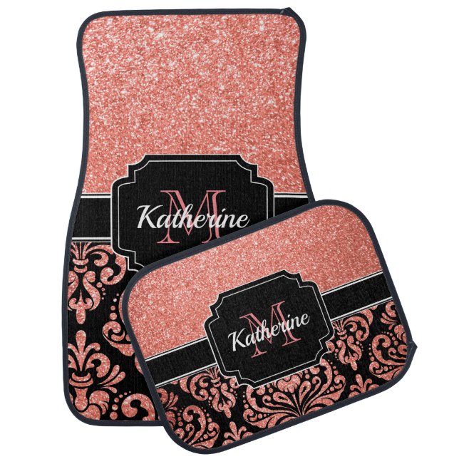 Rose Gold Glitter Damask Car Floor Mat (Set)