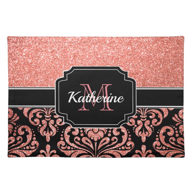 Rose Gold Glitter Damask Cloth Placemat (Front)