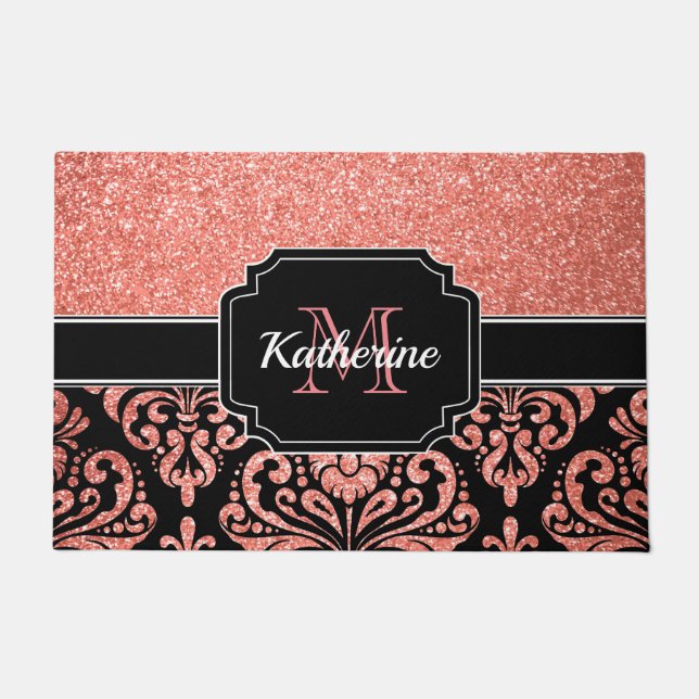 Rose Gold Glitter Damask Doormat (Front)