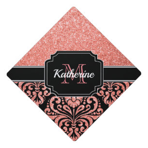 Rose Gold Glitter Damask Graduation Cap Topper
