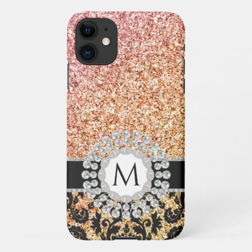 Rose Gold Glitter Damask Jewels Diamond Monogram iPhone 11 Case