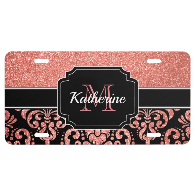 Rose Gold Glitter Damask License Plate (Front)