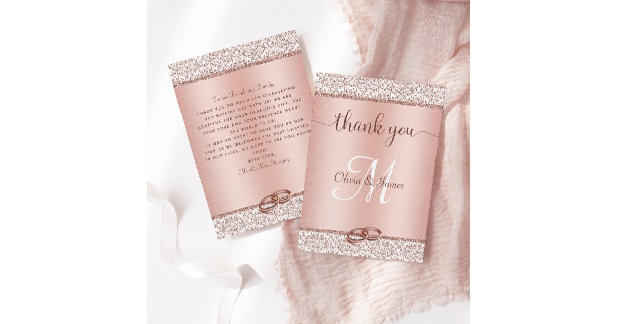 Rose Gold Glitter Damask Metallic Wedding Thank You Card | Zazzle