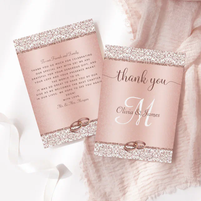 Rose Gold Glitter Damask Metallic Wedding Thank You Card | Zazzle