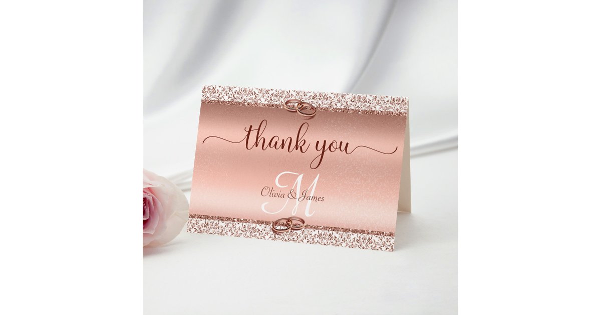 Rose Gold Glitter Damask Metallic Wedding Thank You Card | Zazzle