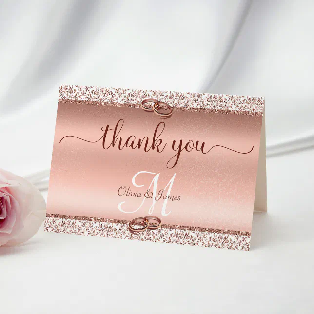 Rose Gold Glitter Damask Metallic Wedding Thank You Card | Zazzle