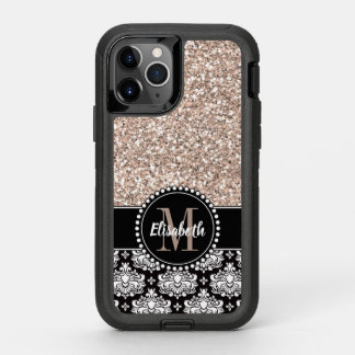 Rose Gold Glitter Damask Personalized Monogrammed OtterBox Defender iPhone 11 Pro Case