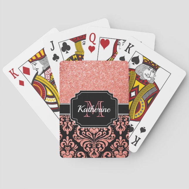 Rose Gold Glitter Damask Poker Cards (Back)