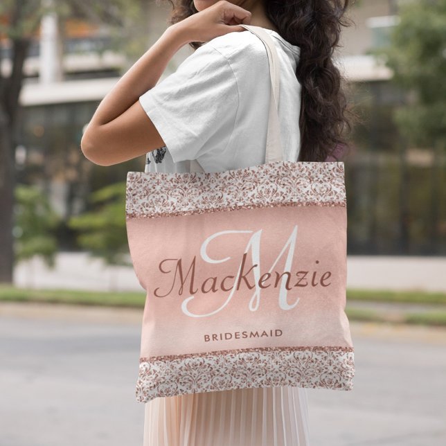 Rose Gold Glitter Damask Wedding Bridesmaid  Tote Bag (Creator Uploaded)