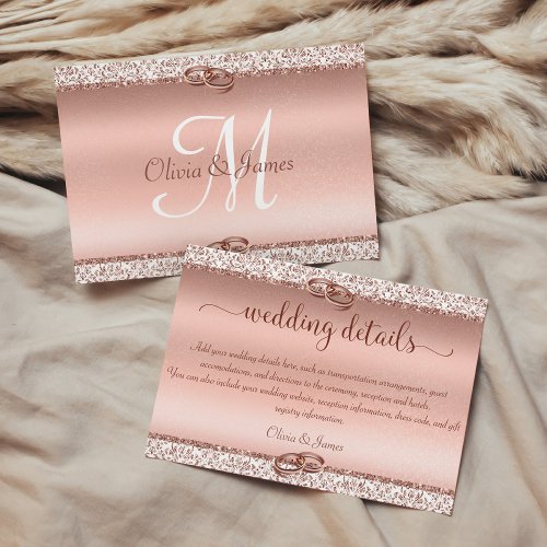 Rose Gold Glitter Damask Wedding Details Enclosure Card