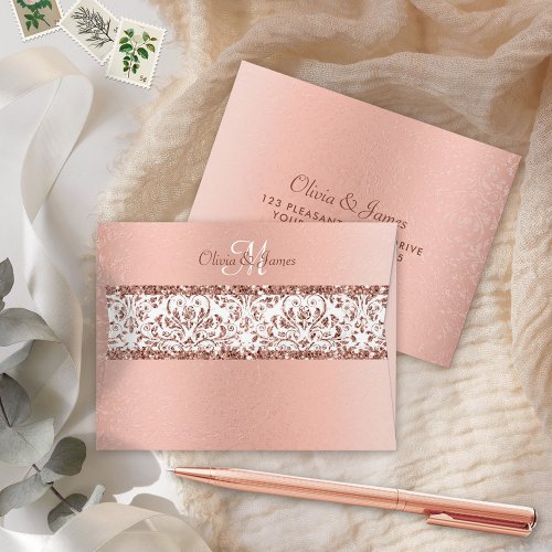 Rose Gold Glitter Damask Wedding RSVP Envelope