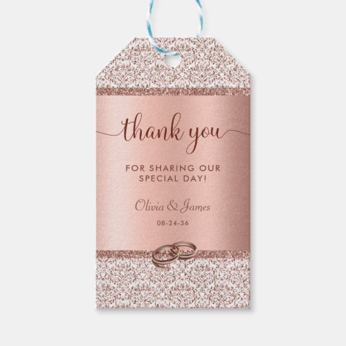 Rose Gold Glitter Damask Wedding Thank You  Gift Tags