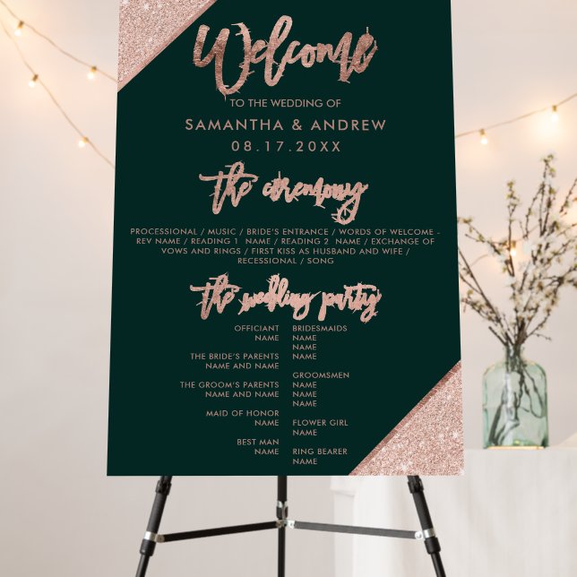 Rose gold glitter dark green wedding program foam board (In Situ (Stand))