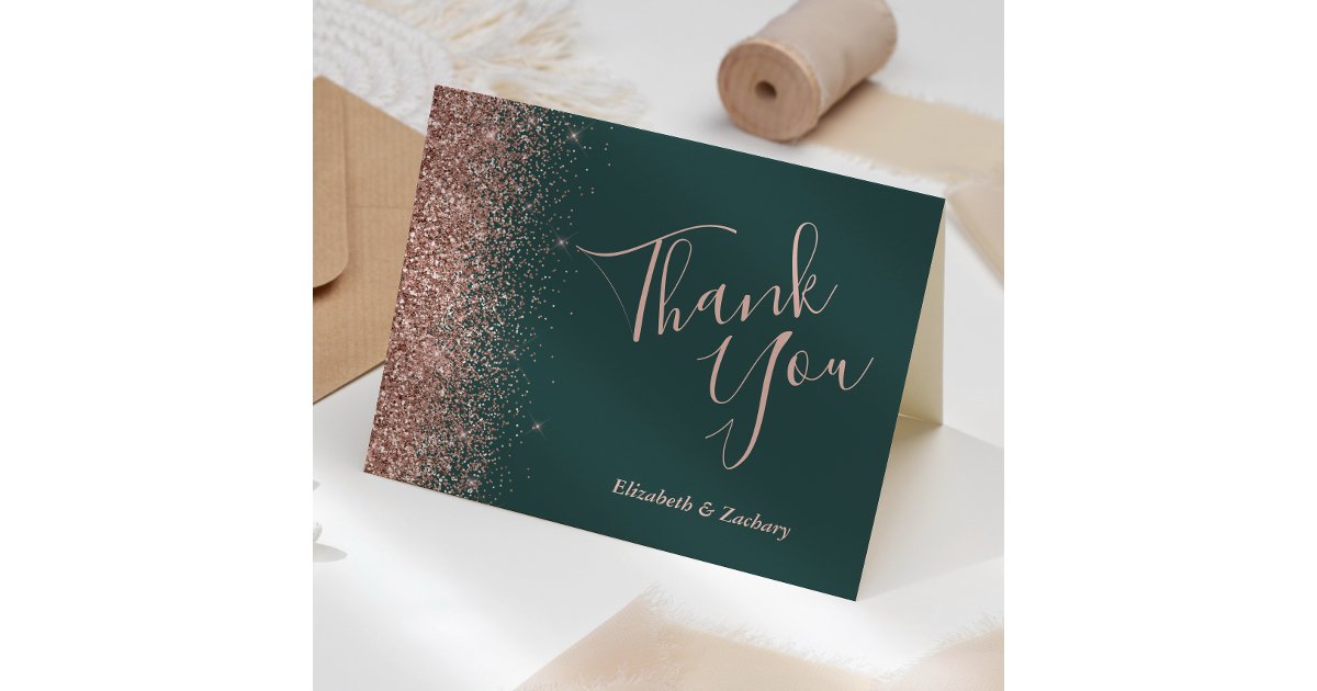 Rose Gold Glitter Dark Green Wedding Thank You Card | Zazzle