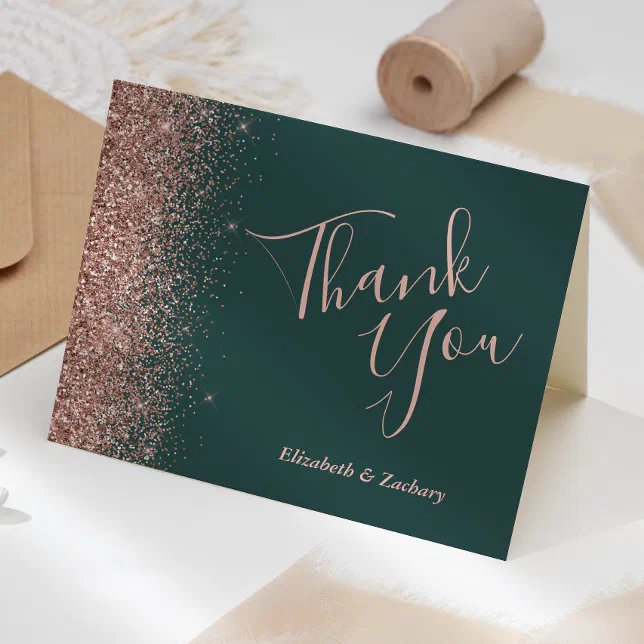 Rose Gold Glitter Dark Green Wedding Thank You Card | Zazzle