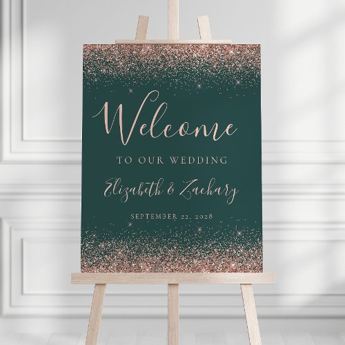 Rose Gold Glitter Dark Green Wedding Welcome Foam Board