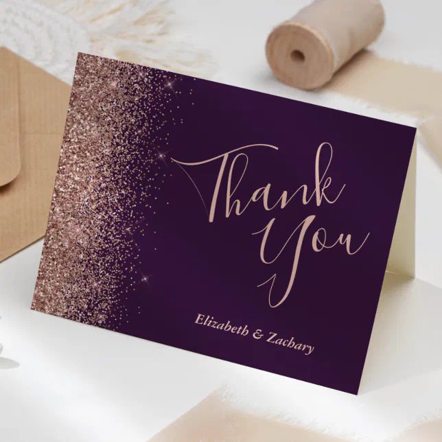 Rose Gold Glitter Dark Purple Wedding Thank You Card | Zazzle