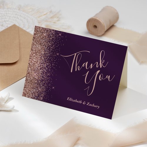 Rose Gold Glitter Dark Purple Wedding Thank You Card