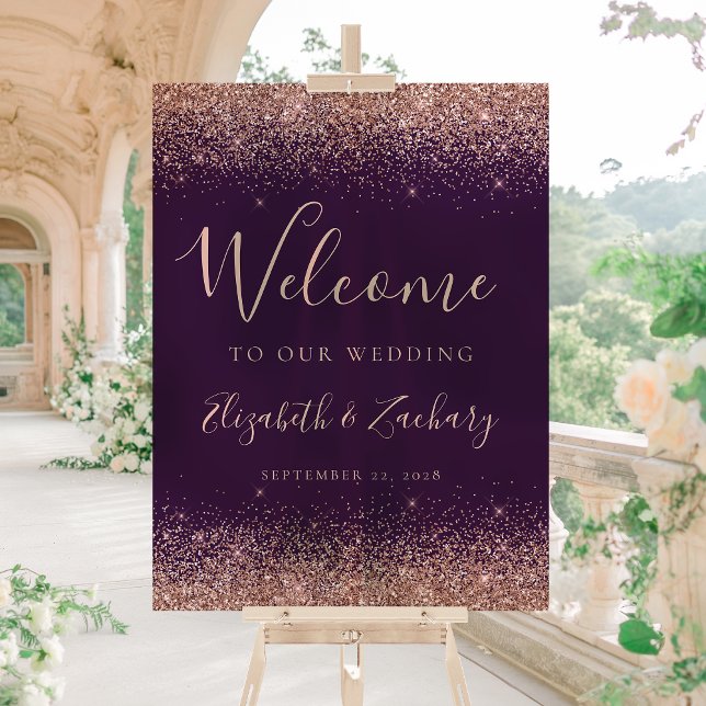Rose Gold Glitter Dark Purple Wedding Welcome Acrylic Sign (Creator Uploaded)