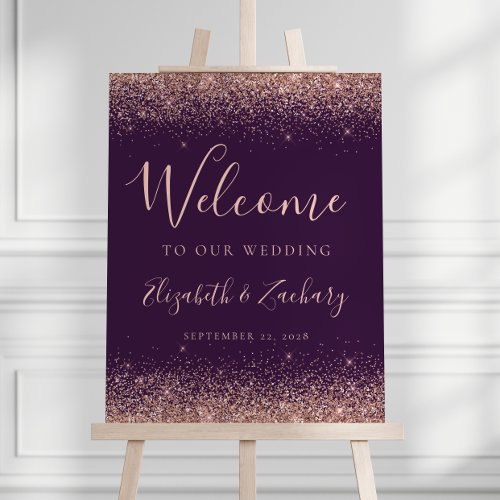 Rose Gold Glitter Dark Purple Wedding Welcome Foam Board