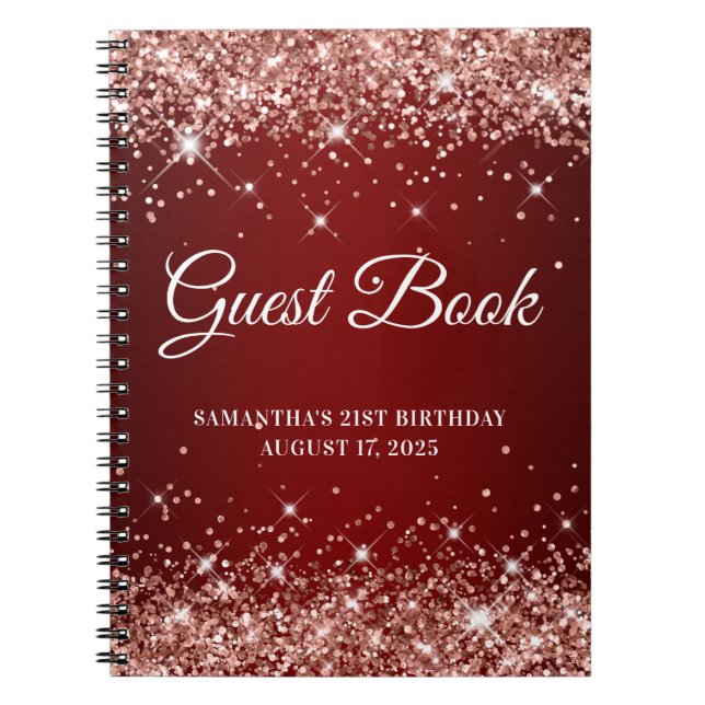 Rose Gold Glitter Dark Red 21st Birthday Guestbook Notebook (Front)