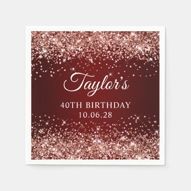 Rose Gold Glitter Dark Red Ombre 40th Birthday Napkins (Front)